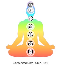 color man sitting in lotus position meditating with chakra. vector illustration