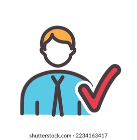 Color man with tick icon. Young person in blue shirt and tie. Approved employee, confirmation and verification. Poster or banner for website. Manager or clerk. Cartoon flat vector illustration