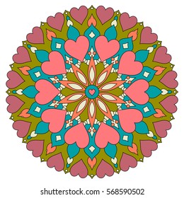 Color mandala with heart, round symmetrical decoration. Vintage decorative elements.