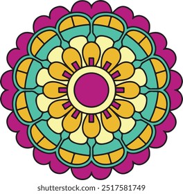 Color mandala vector illustration template, Isolated hand-drawn doodle mandala, Ethnic mandala with colorful tribal ornament.