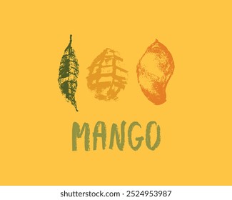 Símbolo de manga colorida. Desenho a carvão. Sinal de manga orgânica. Símbolo de fruta tropical. Esboço vetorial de fruto exótico. Mango emblema com letras. Ilustração de frutas Mangos asiáticos. Rabiscos de manga Carabao.