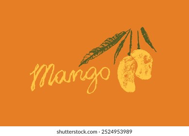 Símbolo de manga colorida. Desenho a carvão. Sinal de manga orgânica. Símbolo de fruta tropical. Esboço vetorial de fruto exótico. Mango emblema com letras. Ilustração de frutas Mangos asiáticos. Rabiscos de manga Carabao.