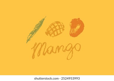 Símbolo de manga colorida. Desenho a carvão. Sinal de manga orgânica. Símbolo de fruta tropical. Esboço vetorial de fruto exótico. Mango emblema com letras. Ilustração de frutas Mangos asiáticos. Rabiscos de manga Carabao.