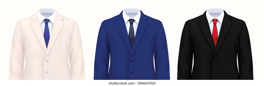 Color mans suit set of three realistic images of smart male costumes upper parts with jackets vector illustration