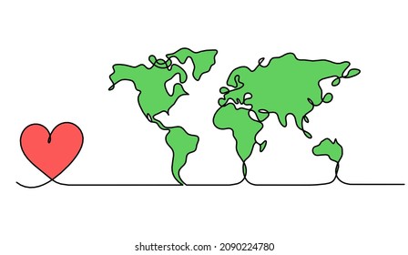 Color Map of planet Earth and heart as line drawing on white background. Vector