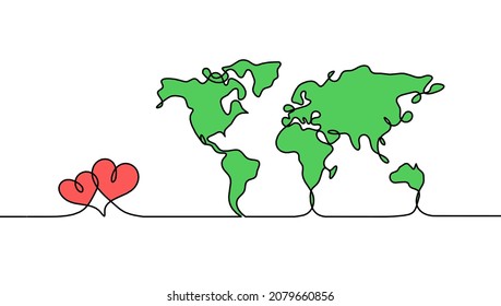 Color Map of planet Earth and hearts as line drawing on white background. Vector