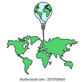 Color Map of planet Earth and light bulb as line drawing on white background. Vector