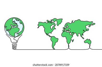 Color Map of planet Earth and light bulb as line drawing on white background. Vector