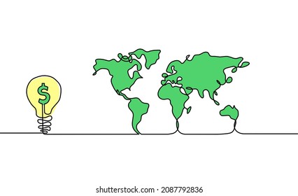 Color Map of planet Earth and light bulb and dollar as line drawing on white background. Vector