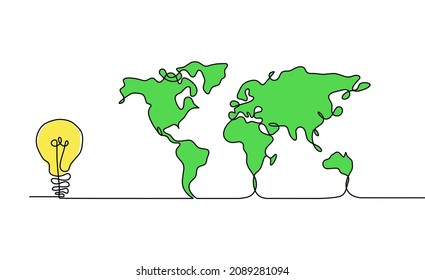 Farbkarte des Planeten Erde und der Glühbirne als Linienzeichnung auf weißem Hintergrund. Vektorgrafik