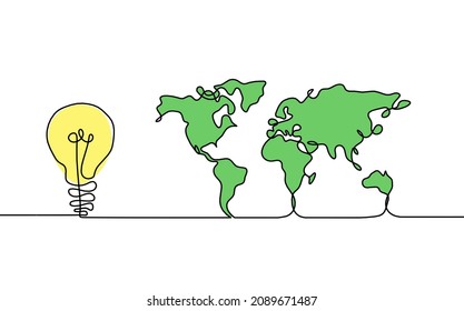 Farbkarte des Planeten Erde und der Glühbirne als Linienzeichnung auf weißem Hintergrund. Vektorgrafik
