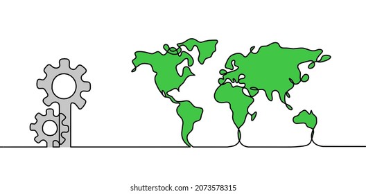 Color Map of planet Earth and metal gears wheels as line drawing on white background. Vector