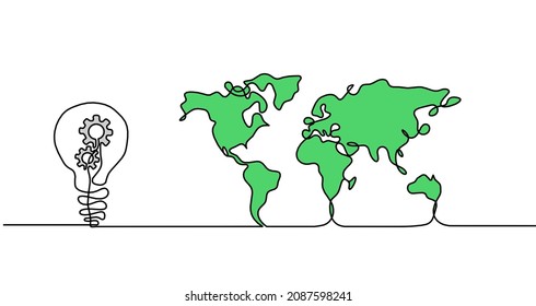 Color Map of planet Earth and metal gears wheels as line drawing on white background. Vector