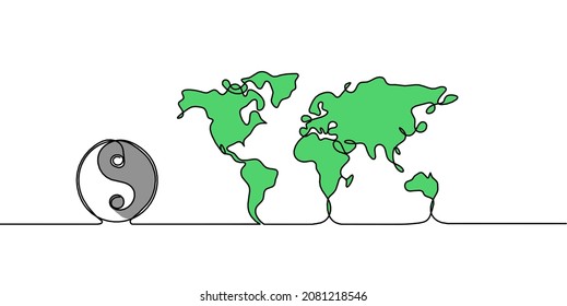 Color Map of planet Earth and sign In yang as line drawing on white background. Vector