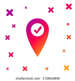 Color Map pointer with check mark icon isolated on white background. Marker location sign. Tick symbol. For location maps. Sign for navigation. Gradient random dynamic shapes. Vector Illustration