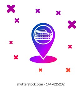 Color Map pointer with Coliseum in Rome, Italy icon isolated on white background. Colosseum sign. Symbol of Ancient Rome, gladiator fights. Gradient random dynamic shapes. Vector Illustration