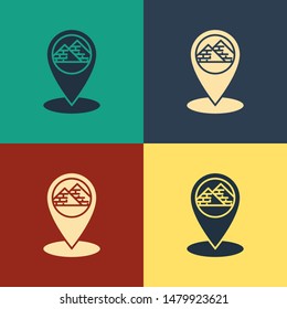 Color Map pointer with Egypt pyramids icon isolated on color background. Vintage style drawing. Vector Illustration