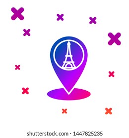 Color Map pointer with Eiffel tower icon isolated on white background. France Paris landmark symbol. Gradient random dynamic shapes. Vector Illustration