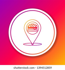 Color Map pointer with fast food burger line icon isolated on color background. Circle white button. Vector Illustration