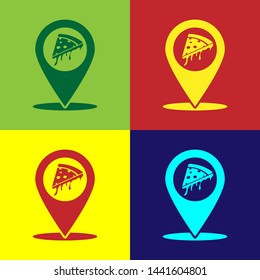 Color Map pointer with fast food slice pizza icon isolated on color backgrounds. Pizzeria location icon. Pizza cafe and restaurant marker. Vector Illustration