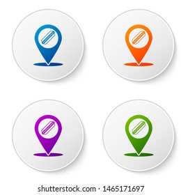 Color Map pointer with fast food hotdog icon isolated on white background. Sausage icon. Set icons in circle buttons. Vector Illustration