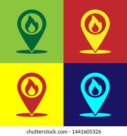 Color Map pointer with fire flame icon isolated on color backgrounds. Fire nearby. Vector Illustration