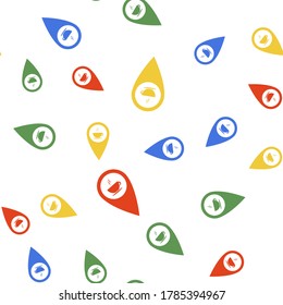 Puntero de mapa de color con icono de taza de café caliente aislado patrón sin fisuras sobre fondo blanco.  Vector