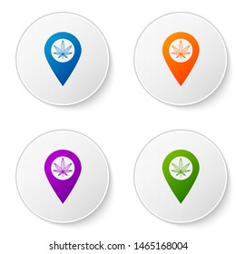 Color Map pointer and marijuana or cannabis leaf icon isolated on white background. Hemp symbol. Set icons in circle buttons. Vector Illustration