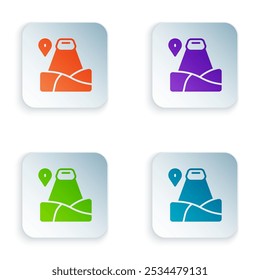 Color Map pointer with mountain icon isolated on white background. Mountains travel icon. Set colorful icons in square buttons. Vector