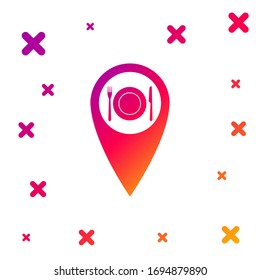Color Map pointer with restaurant and cutlery, dish, fork, knife icon isolated on white background. Gradient random dynamic shapes. Vector Illustration