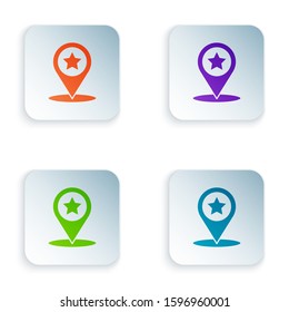 Color Map pointer with star icon isolated on white background. Star favorite pin map icon. Map markers. Set icons in square buttons. Vector Illustration
