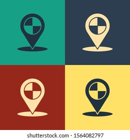 Color Map pointer with taxi icon isolated on color background. Location symbol. Vintage style drawing. Vector Illustration