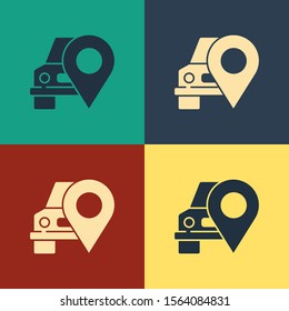 Color Map pointer with taxi icon isolated on color background. Location symbol. Vintage style drawing. Vector Illustration