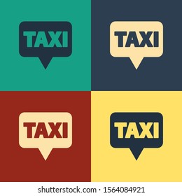 Color Map pointer with taxi icon isolated on color background. Location symbol. Vintage style drawing. Vector Illustration