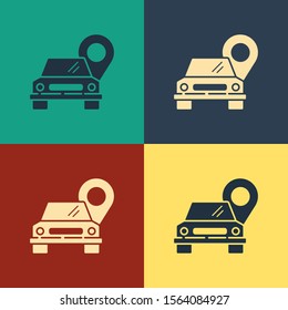 Color Map pointer with taxi icon isolated on color background. Location symbol. Vintage style drawing. Vector Illustration