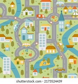 Color map town. Children's game board. Flat vector seamless pattern.