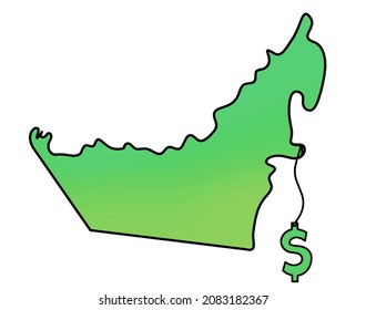 Mapa de color de los EAU con el dólar como dibujo de línea sobre fondo blanco. Vector