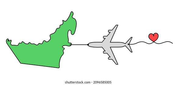 Color map of UAE with plane as line drawing on white background. Vector