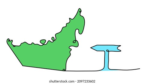 Color map of UAE with sign of direction as line drawing on white background. Vector