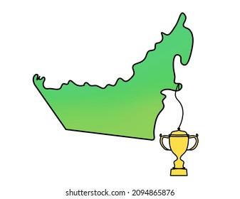 Color map of UAE with trophy as line drawing on white background. Vector