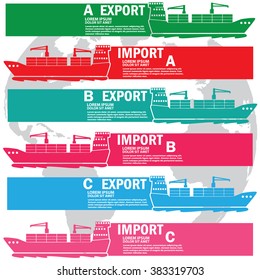 Color marine cargo ship bound for export and import goods, add text to complete. Vector style