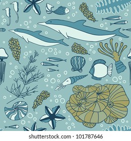 color marine seamless pattern, endless texture of sea world