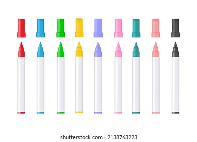 Color marker. Felt tip of marker. Pencil for highlight. Permanent palette of pens. Set of felt tips with green, red, yellow, blue and black colors. Crayons isolated on white background. Vector