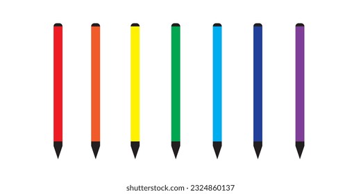 Color marker. Felt tip of marker. Pencil for highlight. Permanent palette of pens. Set of felt tips with green, red, yellow, blue and black colors. Crayons isolated