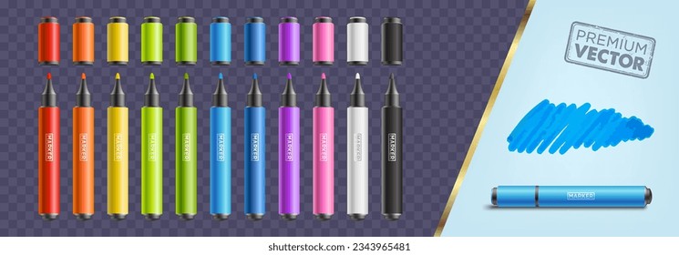 color marker set. Felt tip of marker. Pencil for highlight. Permanent palette of pens. Set of felt tips with green, red, yellow, blue and black colors. vector.