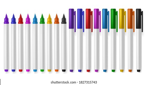 Color markers. Kids bright creative multicolor painting tools, artistic open and close marker pens various color palette arranged in line. School supplies, office highlighters realistic vector set