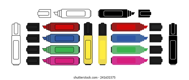 Color markers set. Red, blue, green, pink, yellow. Contour lines, silhouette. Vector clip art illustration isolated on white