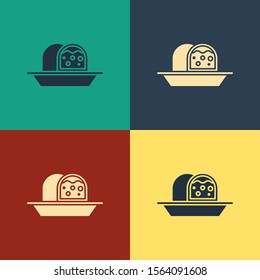 Color Marzipan sponge cake icon isolated on color background. Merry Christmas and Happy New Year. Vintage style drawing. Vector Illustration