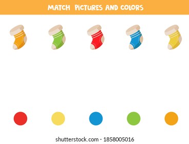 Color matching game with cartoon socks for Christmas. Logical game for kids.