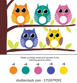 Color matching game for kids. Cut the circles and match them to owls by color. Preschool activity page for toddlers. Vector illustration